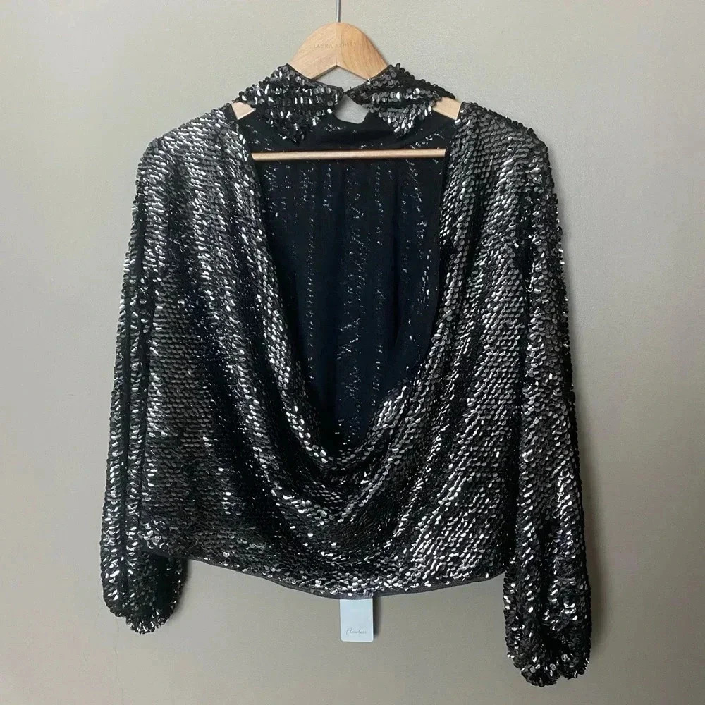 FLAWLESS black sequin backlesss sexy party blouse Y2K style date night top S NWT
